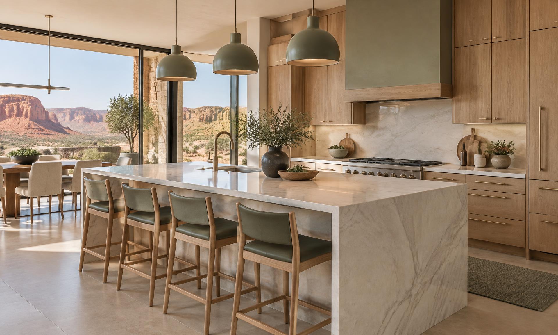 Desert-modern kitchen with a quartz waterfall island